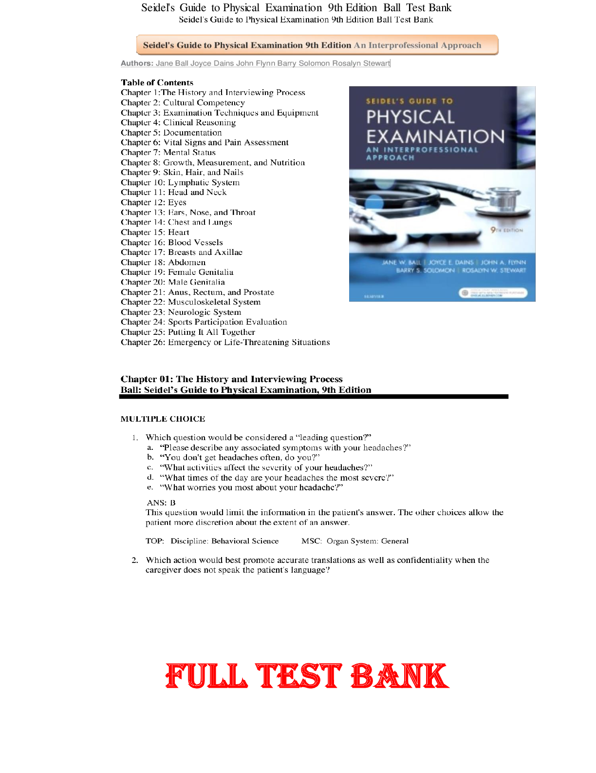 Preview image of Seidel's Guide to Physical Examination 9th Edition Ball Test Bank document